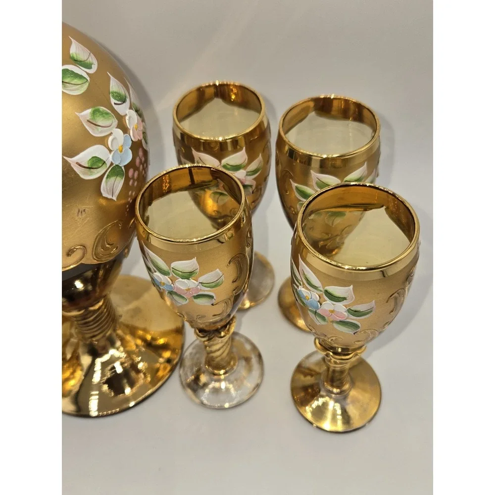Vintage‎ Italian Venetian Gilt Glass Liquor Decanter Set Enamel Cordial Glasses